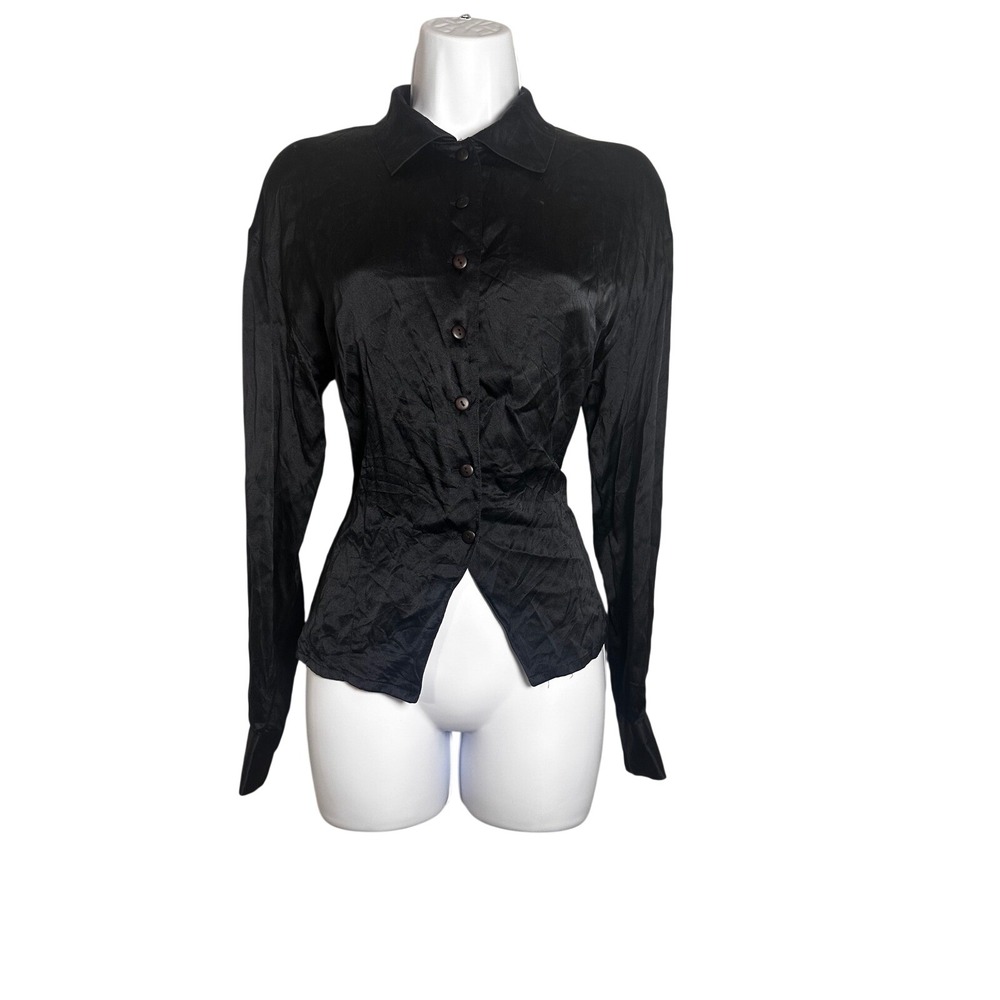 Barami Vintage Black 100% Silk Button Up Blouse Long Sleeve Cinched Waist Small